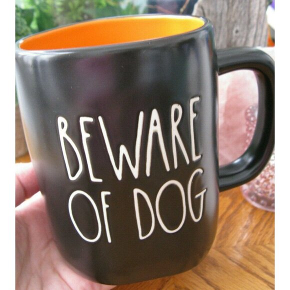 New Rae Dunn BEWARE OF DOG Black & Orange Ceramic Coffee Tea Mug Cup - Picture 1 of 9